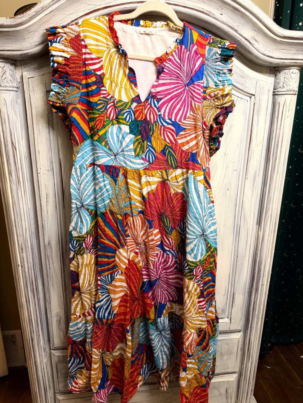 Jodifl Colorful Tropical Print Dress Large Ruffle Sleeve Tiered Midi